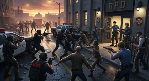 uss солдаты амбреллы пытаются отбить полицейский участок у полицейских racoon city, отряд STARS совместно с rpd полицией города пытаются отпросить их попутно отбиваясь от зомби