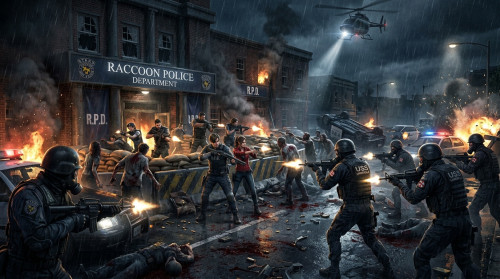 uss солдаты амбреллы пытаются отбить полицейский участок у полицейских racoon city, отряд STARS совместно с rpd полицией города пытаются отпросить их попутно отбиваясь от зомби