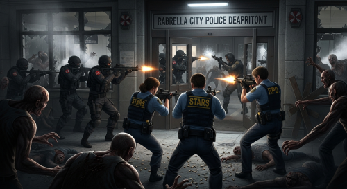 uss солдаты амбреллы пытаются отбить полицейский участок у полицейских racoon city, отряд STARS совместно с rpd полицией города пытаются отпросить их попутно отбиваясь от зомби