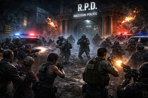 uss солдаты амбреллы пытаются отбить полицейский участок у полицейских racoon city, отряд STARS совместно с rpd полицией города пытаются отпросить их попутно отбиваясь от зомби